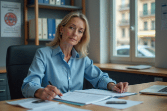 Femme administrative lisant des papiers dans un bureau français