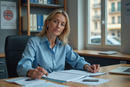 Femme administrative lisant des papiers dans un bureau français