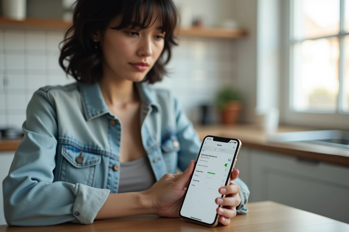 Femme consultant les paramètres de conversion mph en km/h sur une application GPS depuis son domicile