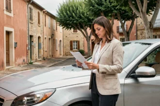 Femme consultant son contrat d'assurance auto à côté de sa voiture à Draguignan