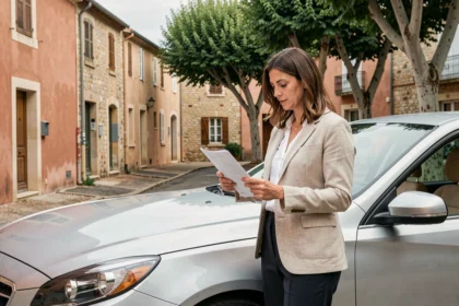 Femme consultant son contrat d'assurance auto à côté de sa voiture à Draguignan