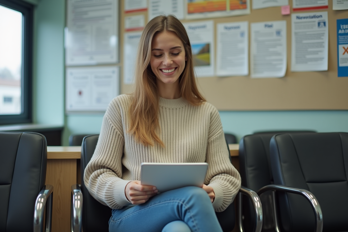 Jeune femme souriante avec plaque dans la salle d