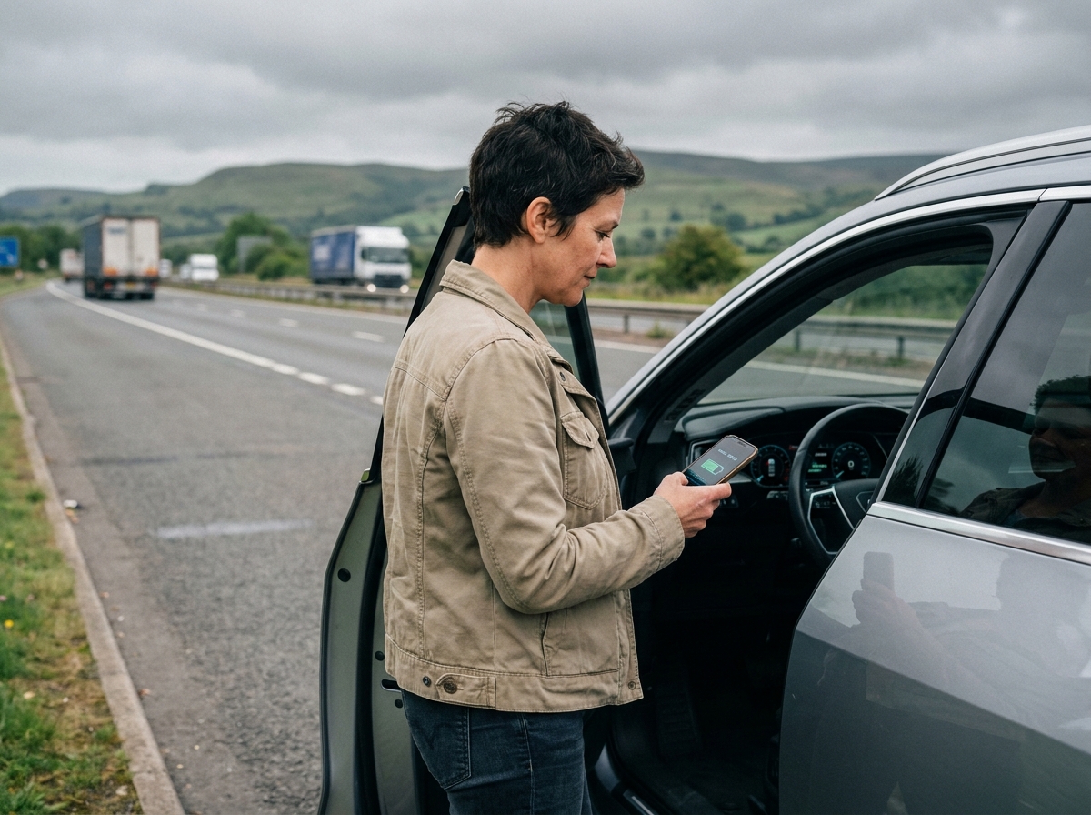 Femme consultant l'autonomie de son SUV électrique lors d'une pause sur autoroute