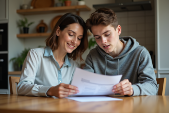 Femme d'âge moyen avec documents d'assurance voiture à la maison