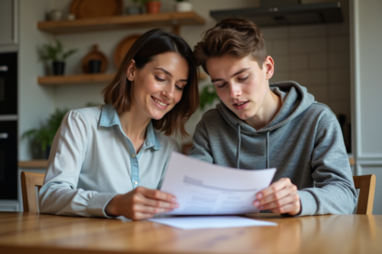 Femme d'âge moyen avec documents d'assurance voiture à la maison