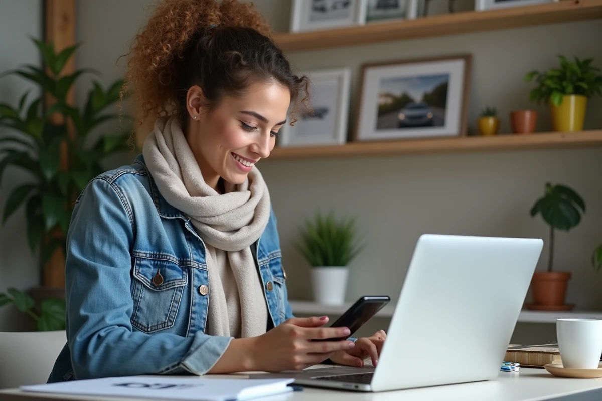 Femme au bureau consulte un site d évaluation véhicule