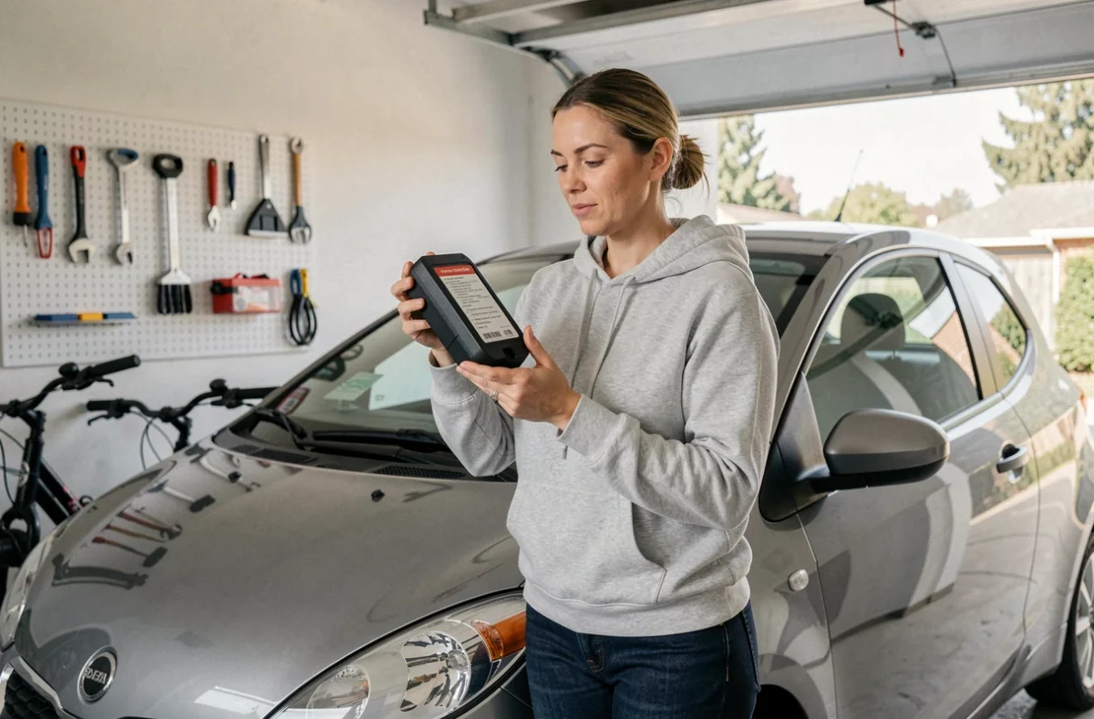 Femme lisant les instructions d'un chargeur de maintien batterie dans un garage propre et organisé