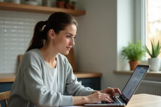Femme comparant des offres d'assurance auto sur un ordinateur portable avec des documents imprimés sur une table de cuisine