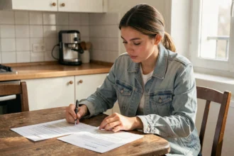 Jeune femme comparant des offres d'assurance voiture sans permis sur une table en bois dans une cuisine moderne