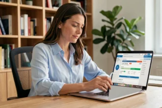 Femme comparant des offres d'assurance automobile sur un ordinateur portable dans un bureau à domicile moderne