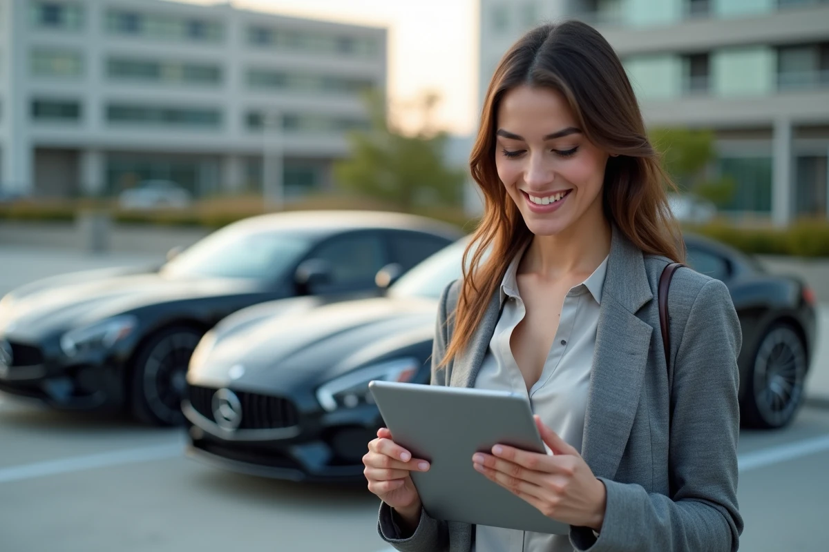 Femme souriante compare données de voitures en extérieur