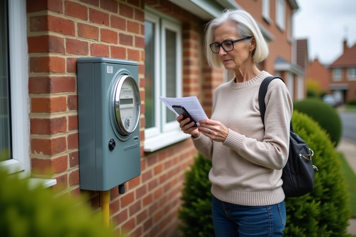 Femme vérifiant un compteur électrique extérieur avec guide et smartphone