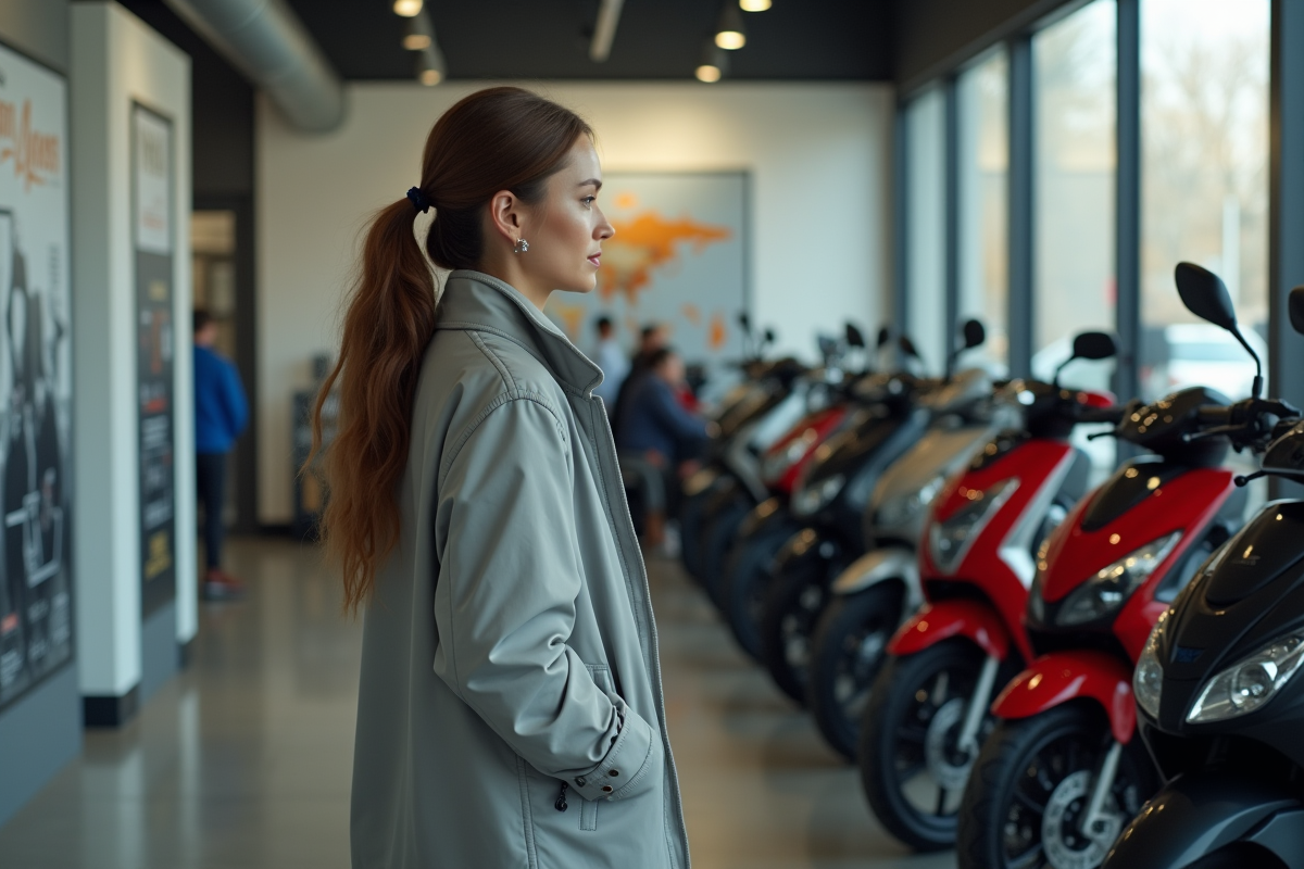 Femme regardant une rangée de motos en showroom
