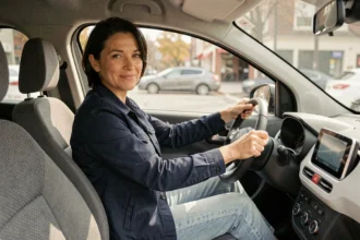 Femme conduisant une voiture sans permis électrique compacte, assise au volant avec une expression détendue