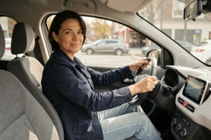 Femme conduisant une voiture sans permis électrique compacte, assise au volant avec une expression détendue