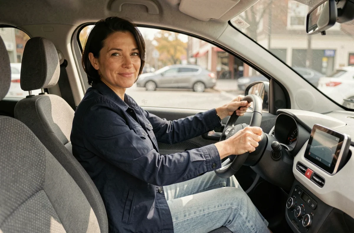 Femme conduisant une voiture sans permis électrique compacte, assise au volant avec une expression détendue