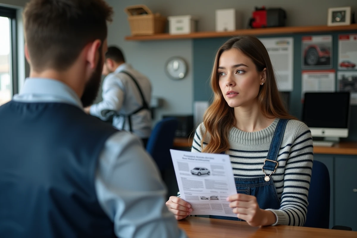 Femme discutant avec un mécanicien au bureau de garage