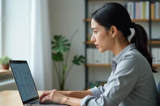 Femme consultant une liste de voitures par lettre sur un ordinateur portable dans un bureau à domicile moderne