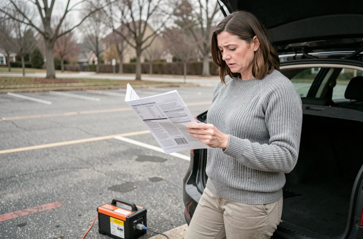 Femme consultant un manuel de voiture à côté d'un chargeur de batterie dans un parking