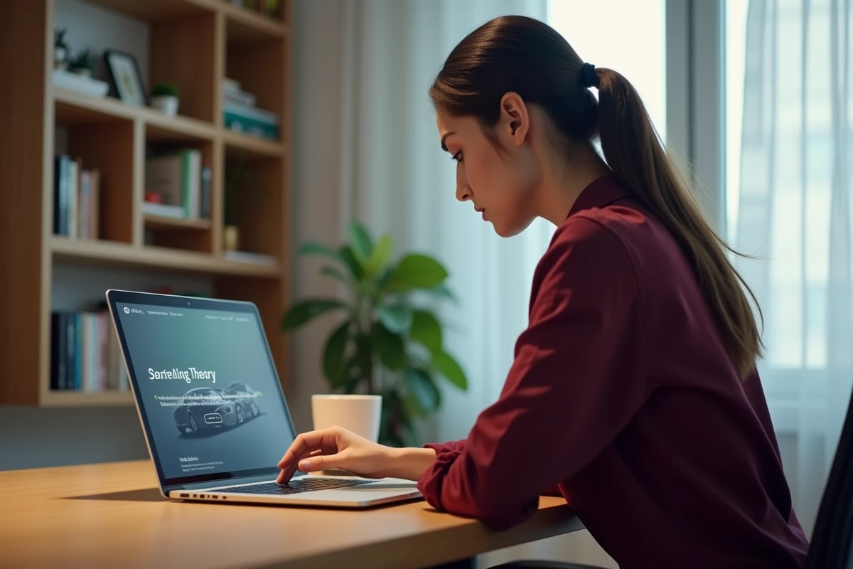 Femme consultant un site web de conduite urbaine sur un ordinateur portable dans un bureau à domicile, représentant la formation en ligne au code de la route