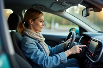Femme en denim dans une voiture moderne en action