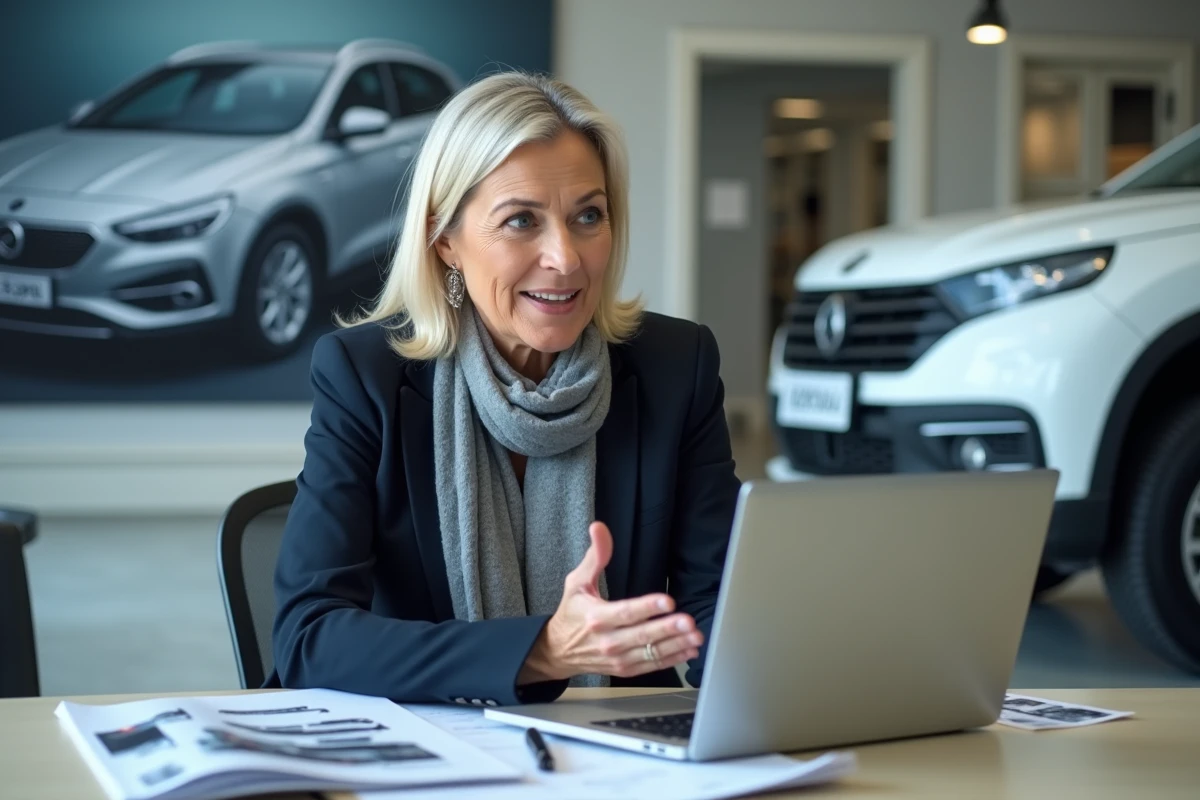 Femme en discussion avec brochures automobiles dans un bureau