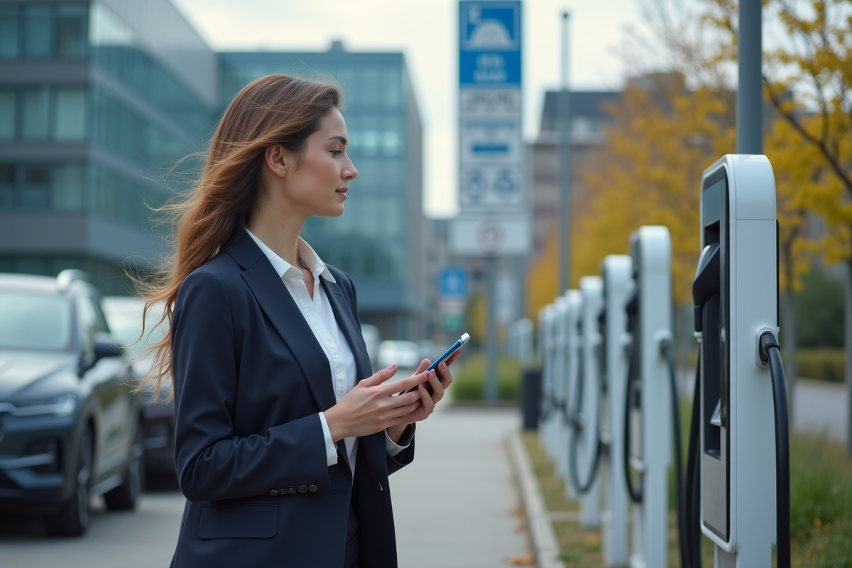 Jeune femme belge marchant près stations de recharge électrique