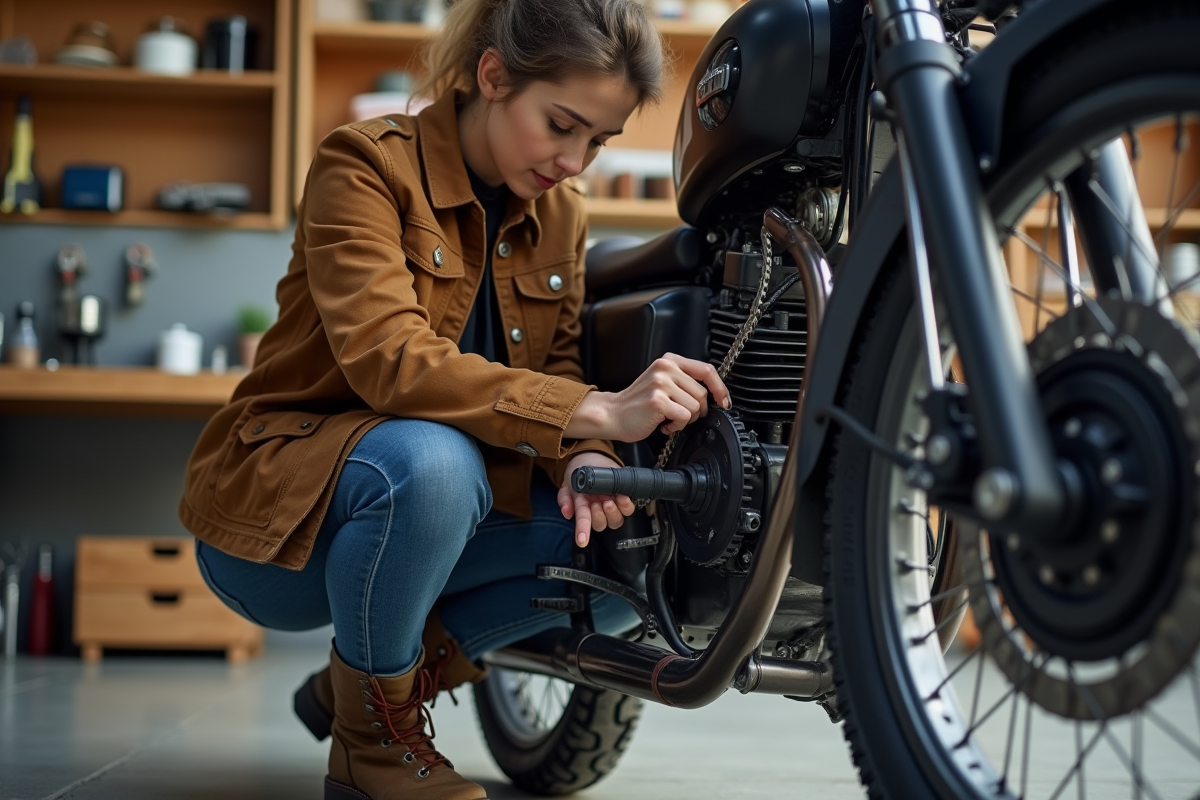 Jeune femme nettoyant la chaîne de sa moto en garage
