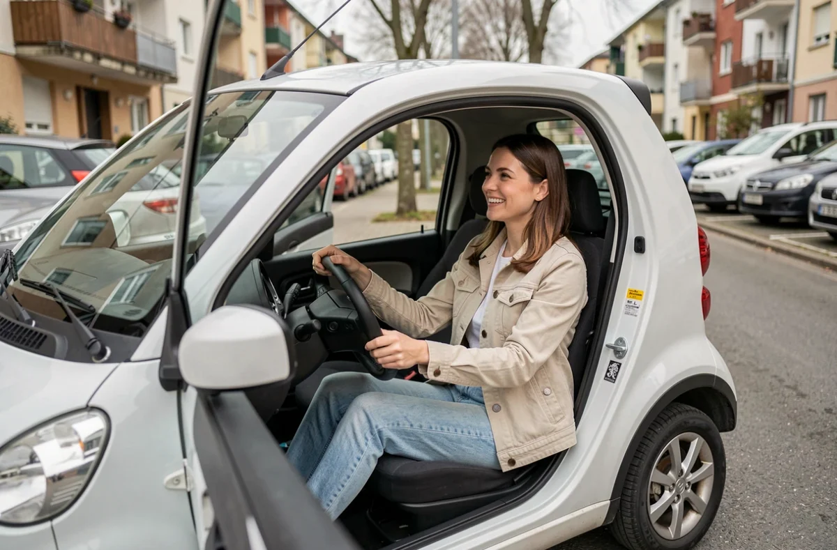 Femme assise dans une Aixam neuve dans la rue, envisageant l'achat d'une microvoiture sans permis