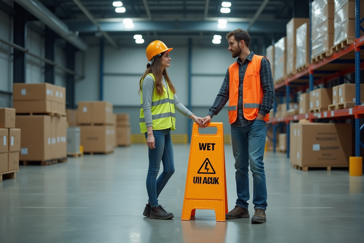 Jeune femme pointant un panneau de sécurité dans un entrepôt
