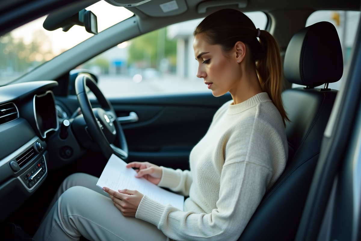Jeune femme lisant une lettre dans sa voiture