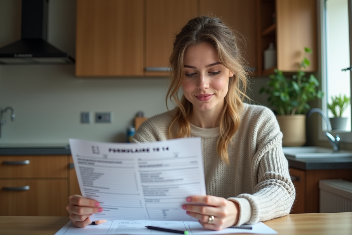 Femme assise à la maison lisant un formulaire officiel