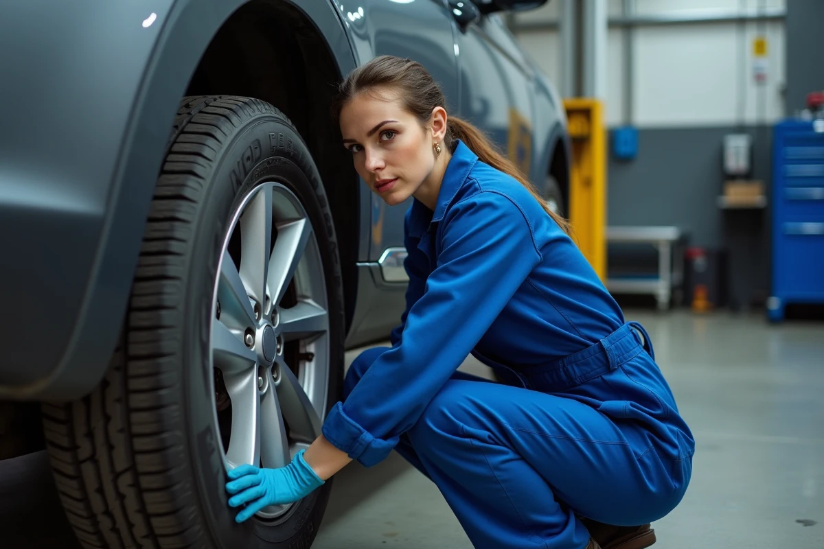 Mecanicienne en bleu inspectant un pneu dans un garage professionnel