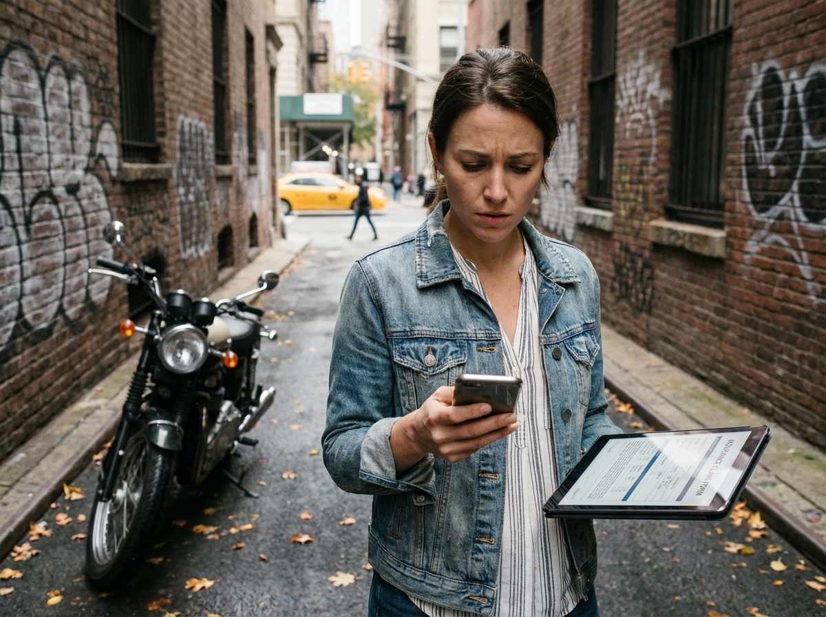 Femme avec moto regardant des documents d'assurance