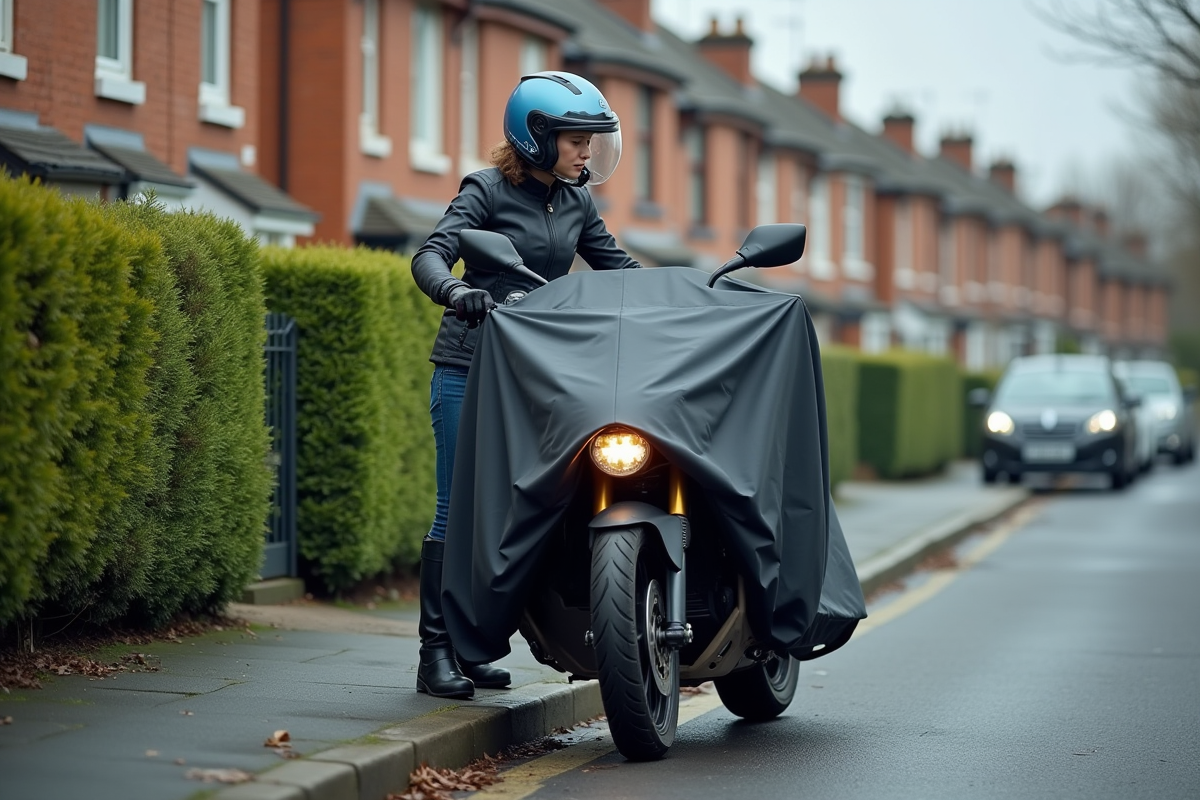 Jeune femme couvrant sa moto avec une housse dans un quartier résidentiel