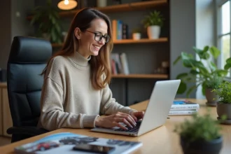 Femme concentrée sur son ordinateur dans un bureau moderne