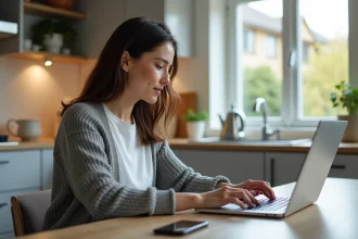 Femme en cuisine regardant son ordinateur pour l'assurance voiture