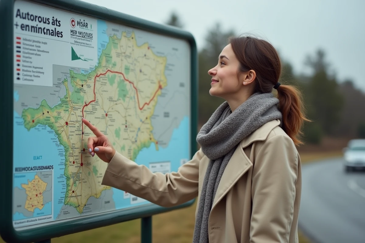 Jeune femme pointant une carte routière en extérieur