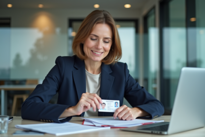 Femme en bureau moderne organisant ses documents officiels