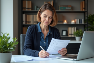 Femme d'âge moyen remplissant des papiers dans un bureau à domicile