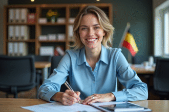 Femme souriante remplissant des papiers avec permis belge