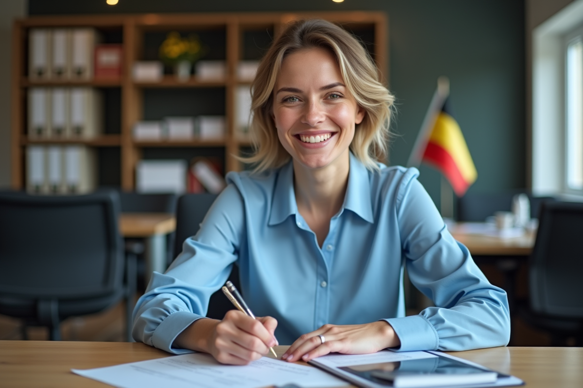 Femme souriante remplissant des papiers avec permis belge