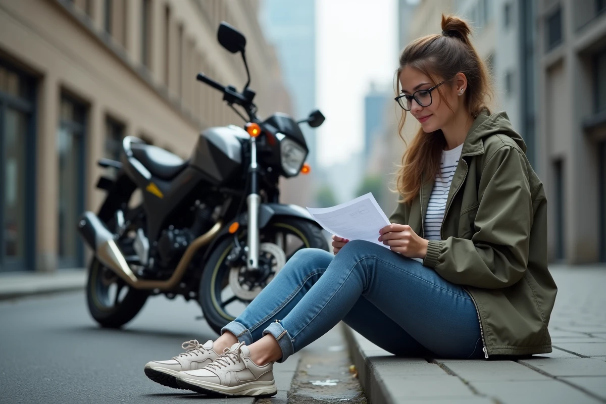 Femme remplissant un formulaire avec une Yamaha 125 TZR derrière