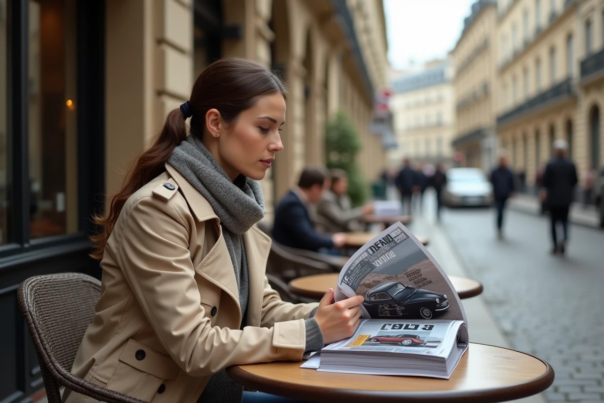 Femme lisant magazine auto devant un café parisien