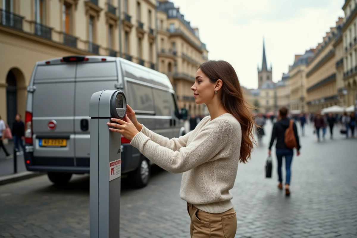 Jeune femme prenant en photo un parcmètre dans une place parisienne