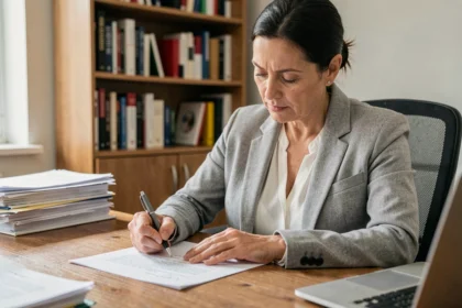Femme rédigeant une lettre de résiliation d'assurance auto à son bureau à domicile