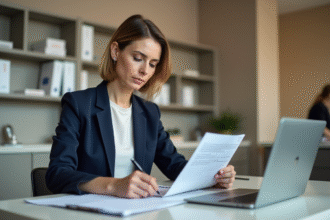 Femme en costume navy remplissant papier permis de conduire