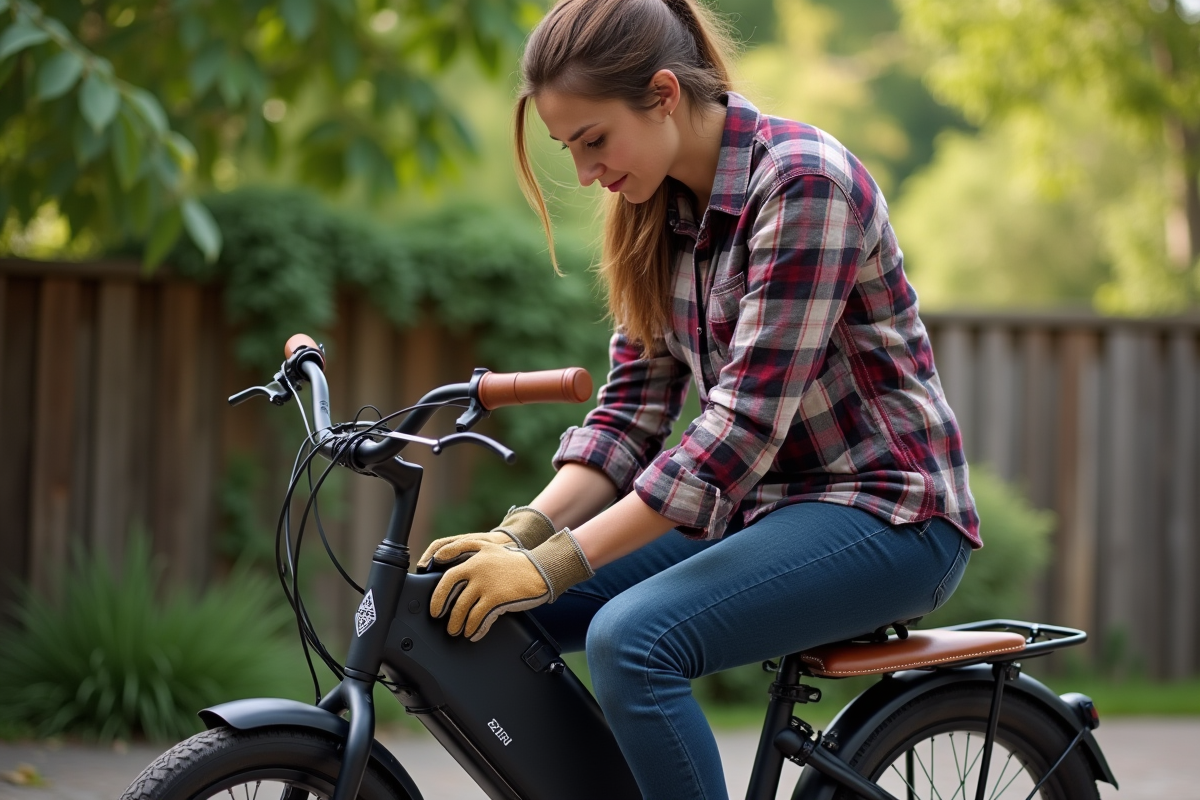 Femme posant un siège en cuir sur une mobylette en extérieur