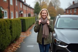Femme souriante avec SUV en automne dans une rue résidentielle