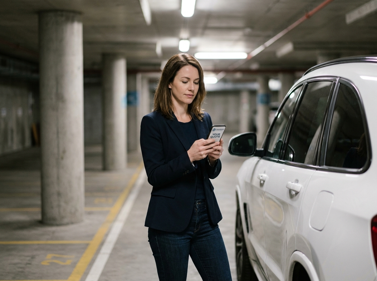 Femme en blazer marine consultant son téléphone à côté d'un SUV blanc dans un parking urbain souterrain